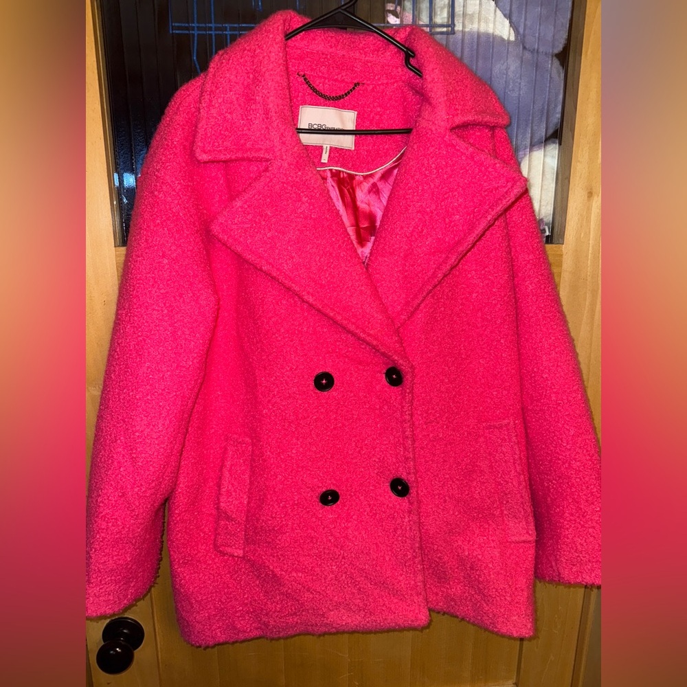 BCBG Generation Coat Womens XL Hot Pink Sherpa Double Breasted  Lined